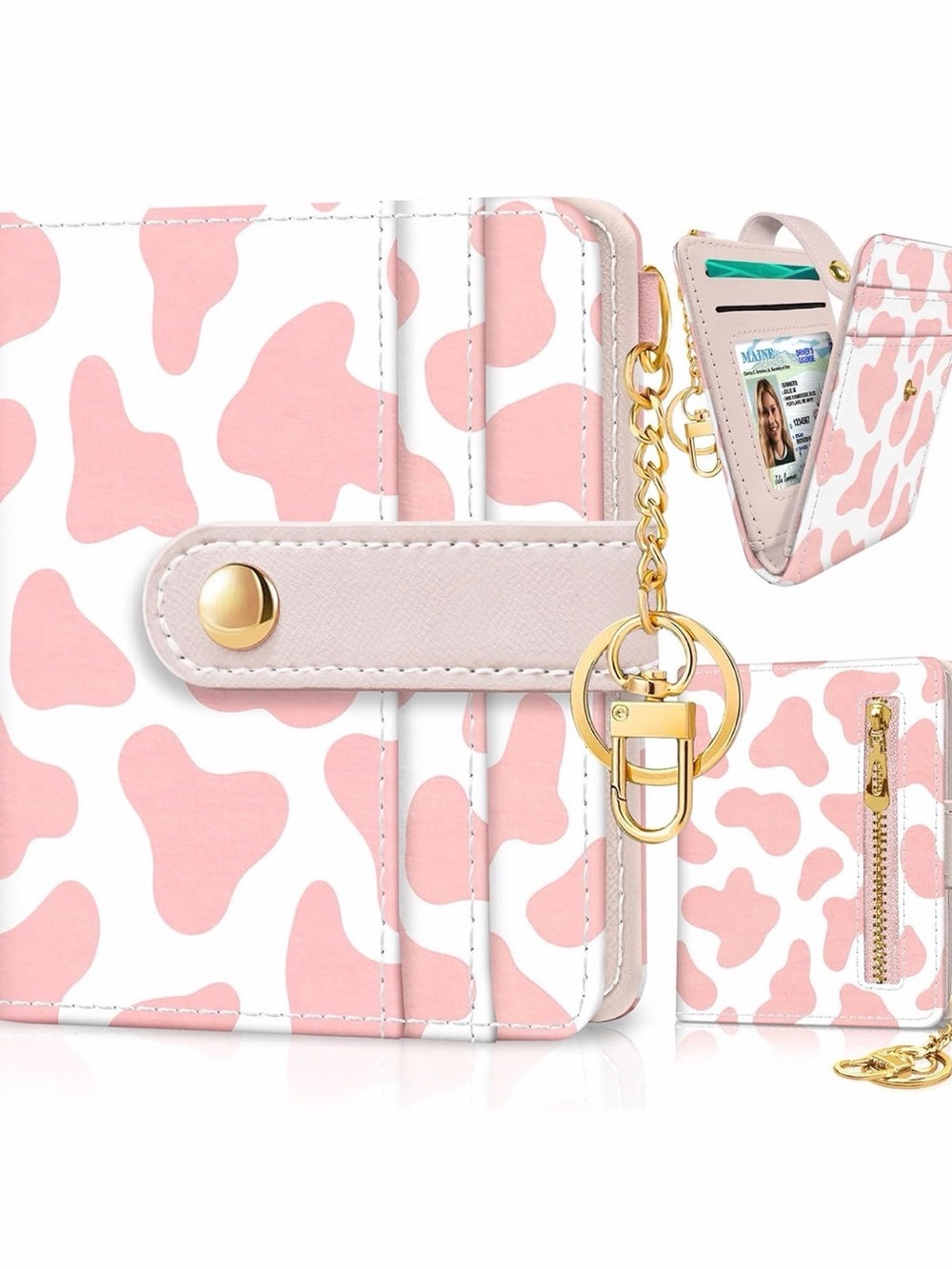 Pink Cow Print Rfid Wallet, Small Slim Thin Credit Card Holder Keychain